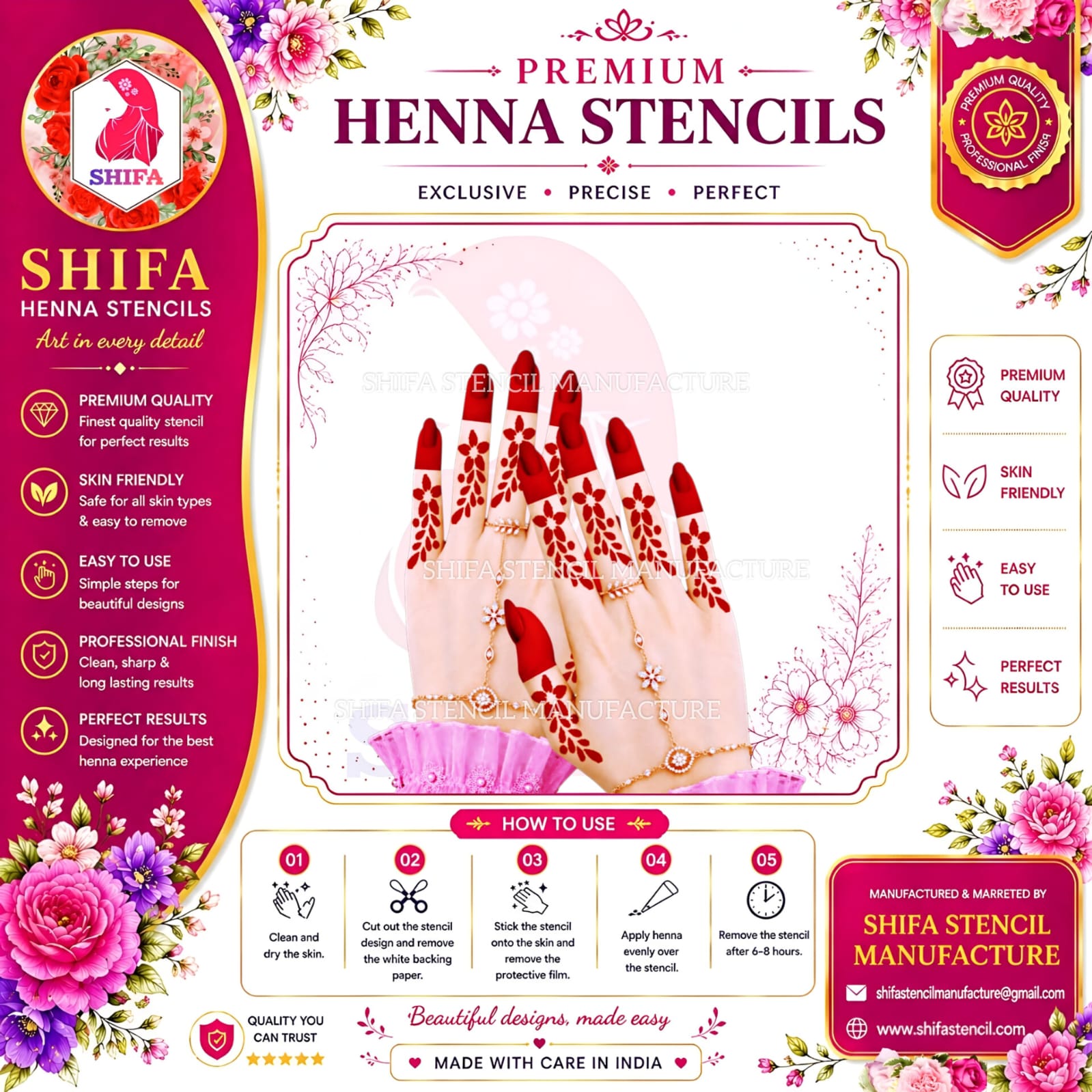 BF99 Flower Leaf Finger Mehndi Henna Stencil Reusable Floral Vine Design. instruction-sheet-99 Henna Stencil