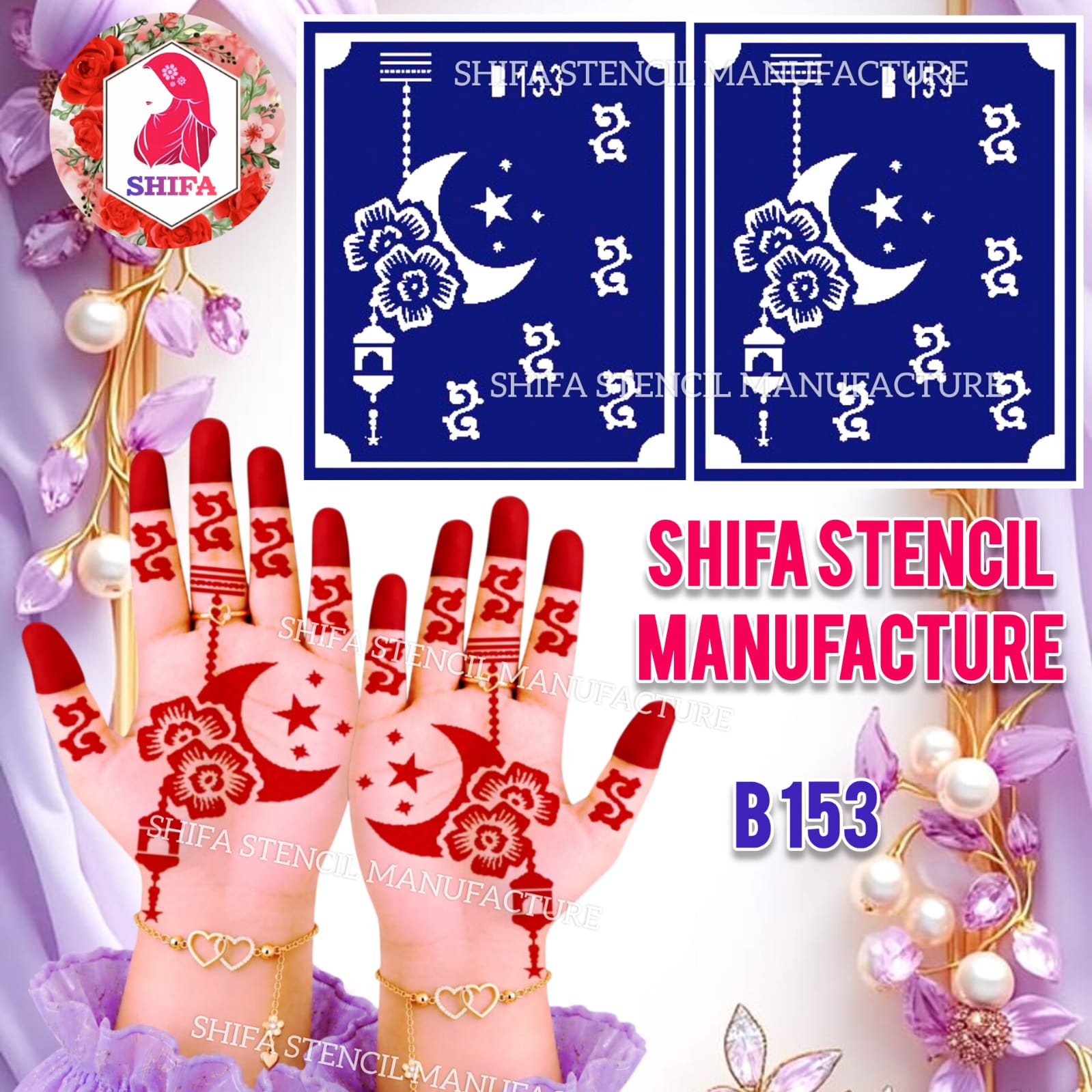 B153 Floral Crescent Moon Mehndi Stencil | Reusable Henna Hand Stencil - 153 - Shifa Stencil Manufacturer