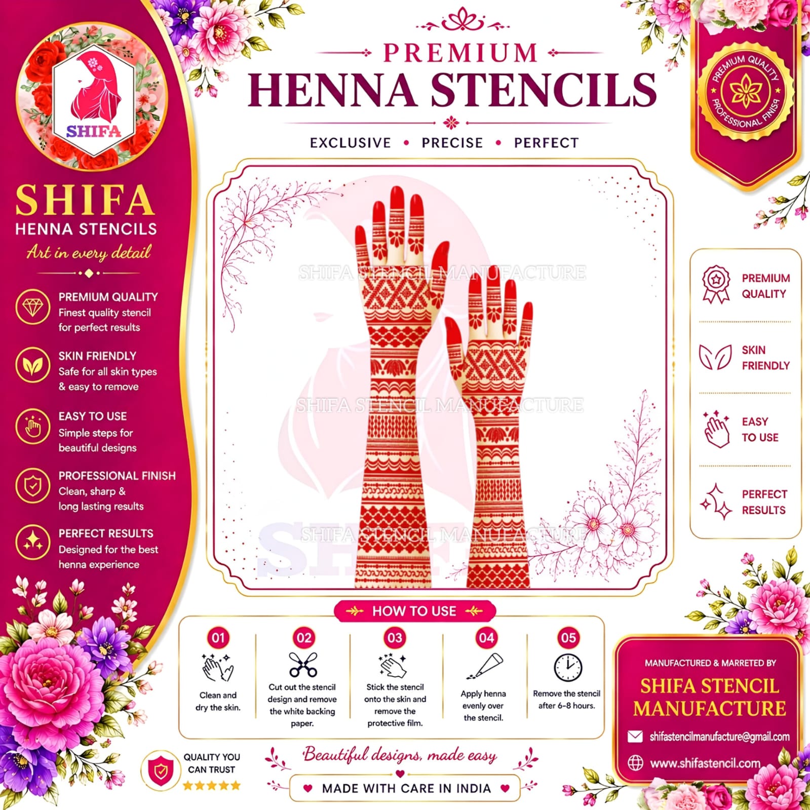 FLBS 790 Traditional Full Hand Henna Stencil instruction Henna Stencil